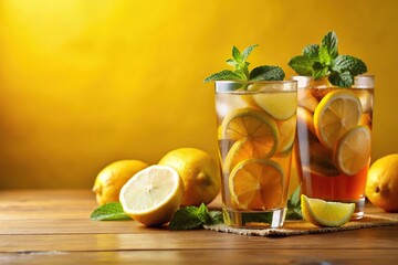 Fototapeta premium Refreshing Lemon Iced Tea with Mint on Yellow Background with Space for Advertising Low Angle