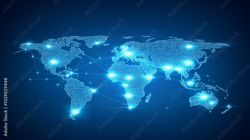 Poster Digital map of the world connected by a network of glowing nodes, symbolizing global connectivity, communication, and the internet's vast reach, Generative AI
