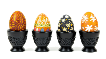 Colorful Easter Eggs in Black Baskets on a White Background Generative AI