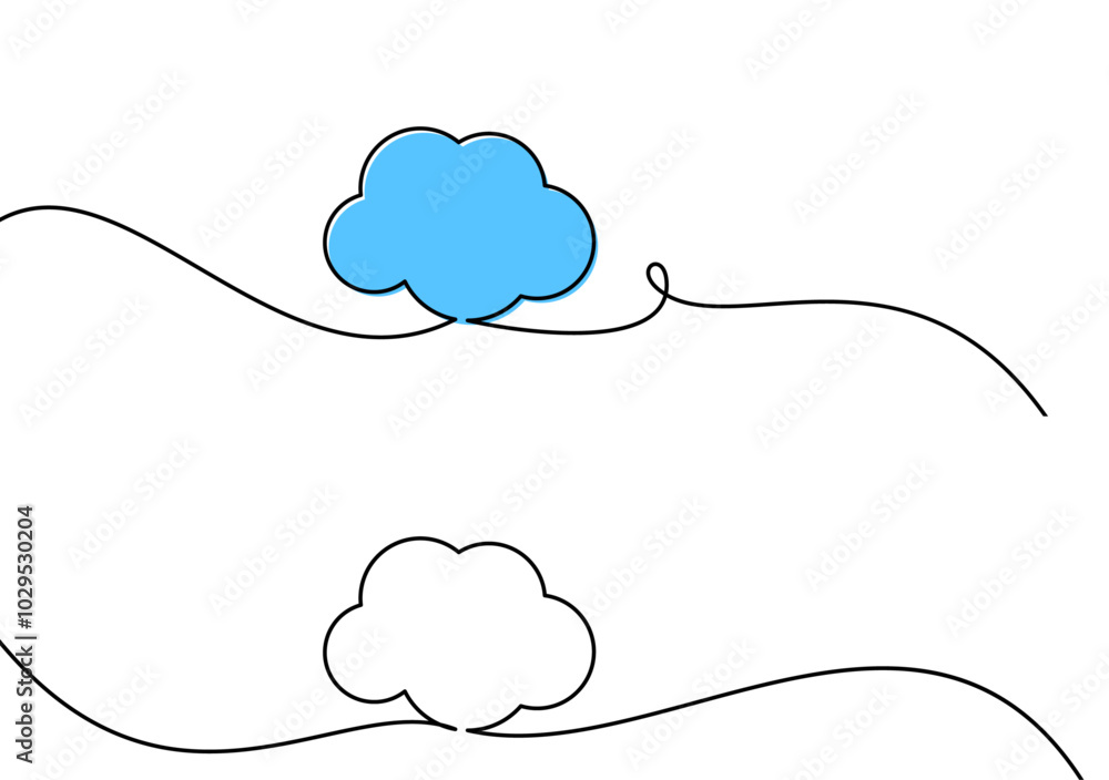 Poster simple illustration of two clouds, one blue and one white, connected by a continuous line. minimalis