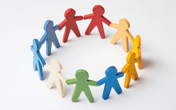 Colorful figures holding hands, circular arrangement, white isolate background