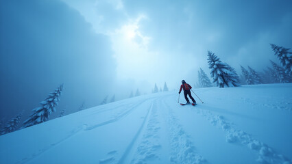An Exciting View Looking Up Towards Dark Clouds as One Prepares for a Thrilling Descent Down the Snow-Covered Slope