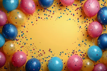Selbstklebende Fototapeten Vibrant yellow backdrop with festive balloons and confetti for celebrations © AvalgArt