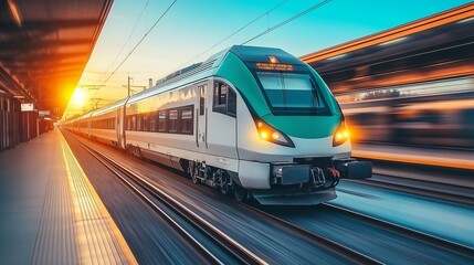 Fototapeta premium Modern high-speed train racing through an urban cityscape, symbolizing fast, efficient public transportation and urban connectivity, Generative AI