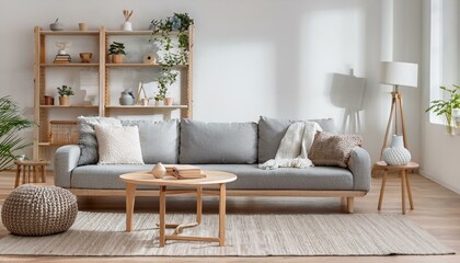 Cozy Scandinavian-inspired living room with a light gray sectional sofa, a neutral woolen ar 