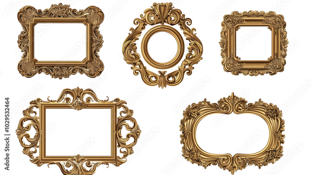 Poster collection of ornate golden frames isolated on a white background generative ai
