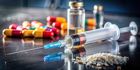 Panoramic view of opioids drug addiction epidemic with syringe and drug paraphernalia