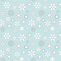 snowflakes seamless background. vector illustration of falling snow. A drawn pattern of many different snowflakes randomly flying. backdrop for greeting, invitation, fabric, wallpaper