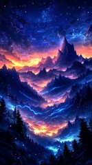 Breathtaking Cosmic Mountains at Sunset with Starry Sky