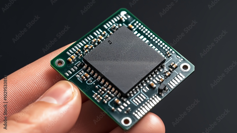 Poster Close-up of a person holding a small computer chip between their fingers, symbolizing precision and advancement in microchip technology, Generative AI