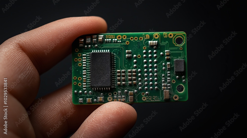 Aufkleber Close-up of a person holding a small computer chip between their fingers, symbolizing precision and advancement in microchip technology, Generative AI