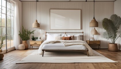 Farmhouse-style bedroom with a sleek, modern metal-framed bed, white bedding, and a plush wo 