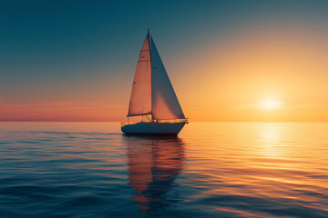 Fototapeta premium A serene Transformative Teal sailboat glides gracefully across calm waters at sunset, creating a stunning silhouette against the vibrant sky