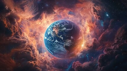 Obraz premium Earth at center surrounded by clouds, stars, and fiery ring