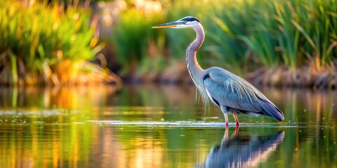 Naklejka premium Panoramic view of purple heron, grey heron, or great blue heron standing in pond