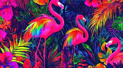   A flock of pink flamingos perched amidst swaying palm trees and lush vegetation against a backdrop of cerulean skies