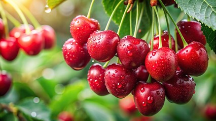Panoramic view of ripe red cherries on a tree with water droplets, showcasing depth of field