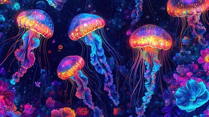  A cluster of jellyfish drifting above a tranquil water expanse beneath a star-studded sky and clouded horizon
