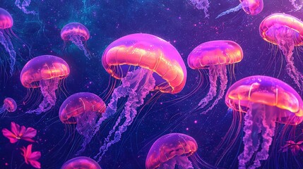   A cluster of iridescent jellyfish swaying in azure waters, adorned with luminescent pink and magenta accents on their bodies and heads, set against a