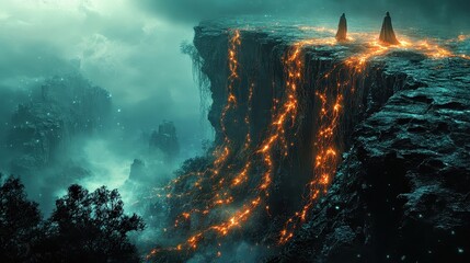 Fototapeta premium Fantasy Landscape with Glowing Lava and Mysterious Figures in Cloaks