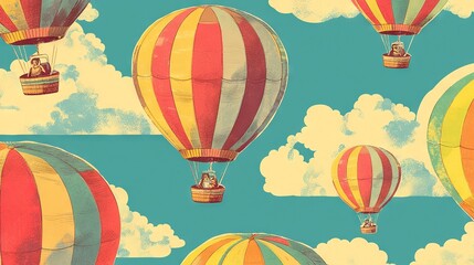 Fototapeta premium A group of hot air balloons flying through a blue sky with a couple in a hot air balloon overhead