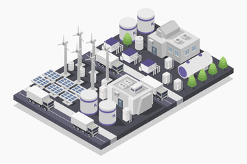 Hydrogen generation with solar and wind energy production isometric