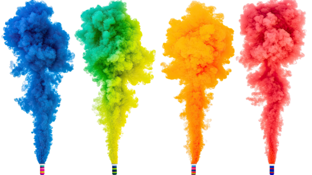 Colorful Smoke Bombs Create Vibrant Clouds on White Generative AI