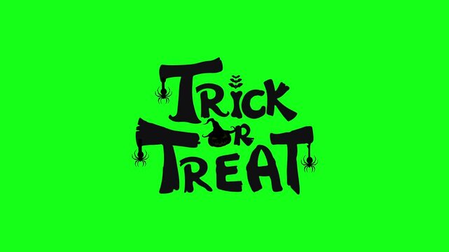 Halloween trick or treat text animated with spider, flying bat and pumpkin on green screen. Looping vector animation for Halloween, scary, spooky, horror editing