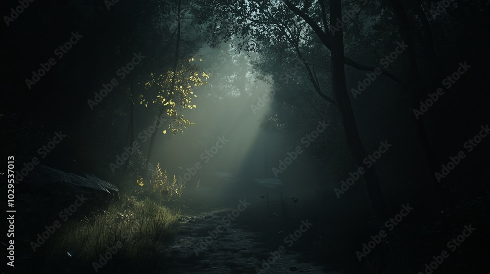 Poster a serene forest scene illuminated by soft sunlight filtering through the trees at dusk, creating a t