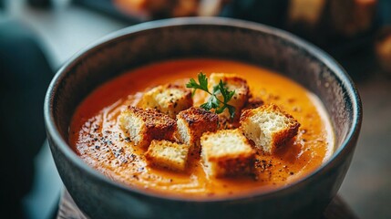   A bowl of soup, topped with croutons and fresh parsley