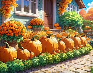 Pumpkin in the garden, autumn, illustration