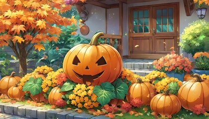 Pumpkin in the garden, autumn, illustration