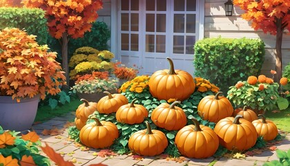 Pumpkin in the garden, autumn, illustration