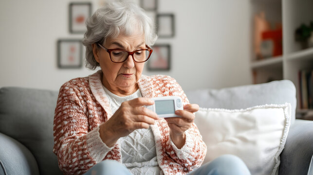 Elderly woman checks insulin and sugar levels with a glucometer, blurred interior of the house. WORLD DIABETES DAY. Annual Health Checkup for the Elderly.