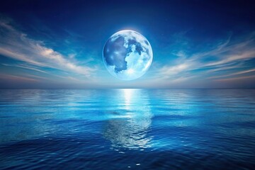 Panoramic view of the blue moon over calm ocean