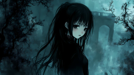 Obraz premium Cute Yandere Anime Girl with Horror Vibes Dark Wallpaper