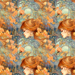 Art Nouveau motifs, watercolor and ink, ambient light, Mucha style, elegant mood. Seamless pattern, background.