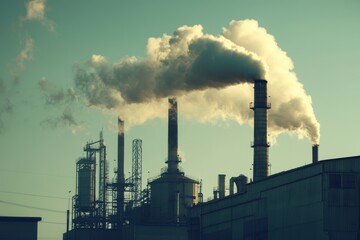 Industrial chimneys release thick smoke into the sky, contributing to air pollution.