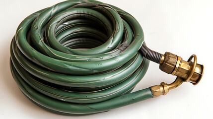 A coiled green garden hose, neatly rolled up, with a brass nozzle attached at the end --no background
