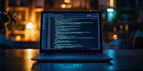 A laptop with lines of code on the screen set in a warm, home-office environment