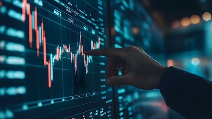 Trader analyzing data on virtual screen.Price graph and indicator. Stock market invest and crypto currency. Stock market and business investment.