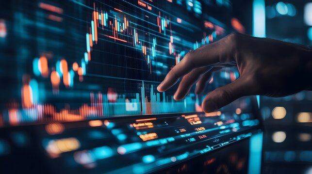 Trader analyzing data on virtual screen.Price graph and indicator. Stock market invest and crypto currency. Stock market and business investment.