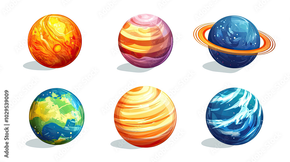 Poster set of colorful planet illustrations on a white background generative ai
