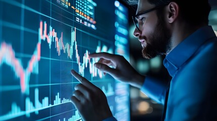 Trader analyzing data on virtual screen.Price graph and indicator. Stock market invest and crypto currency. Stock market and business investment.