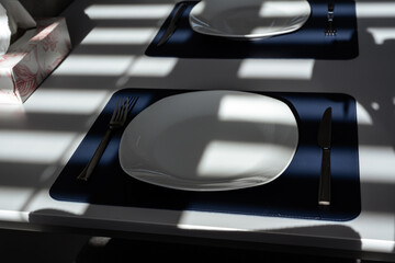 A white table with dark blue place mats, two plates, cutlery, and a box of tissues. Sunlight from...