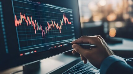 Trader analyzing data on virtual screen.Price graph and indicator. Stock market invest and crypto currency. Stock market and business investment.