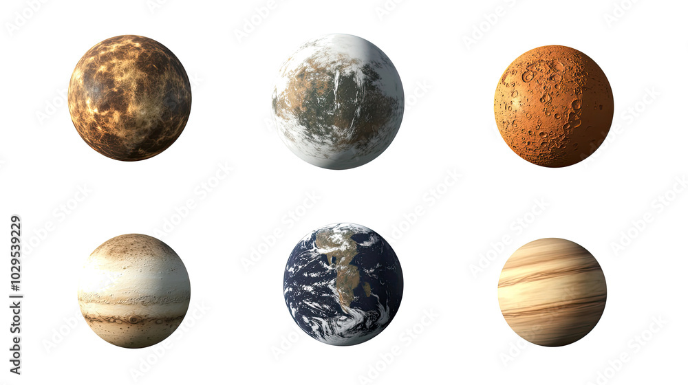 Poster collection of planet representations isolated on a white background generative ai