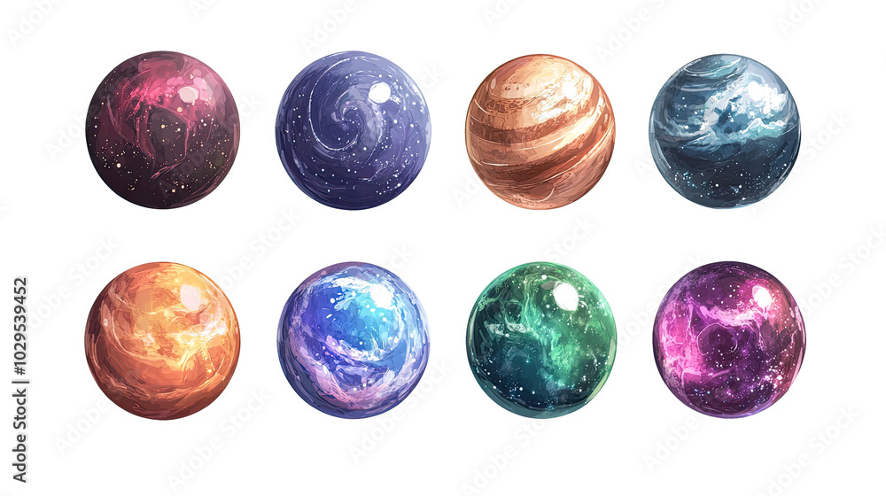 Poster set of colorful planets isolated on a white background for display generative ai