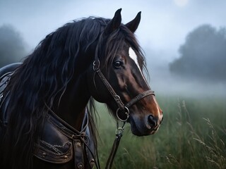 Fototapeta premium A majestic horse stands in a misty field at dawn, showcasing its rich coat and intricate bridle as the fog lingers around