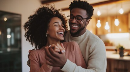 A happy couple shares a joyful moment while dancing together in a cozy kitchen filled with warm, ambient lighting